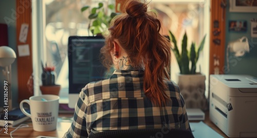 A photo shows the backside of a woman sitting at her desk. She is working on an iMac with a black plaid shirt and has red hair in pigtails. 