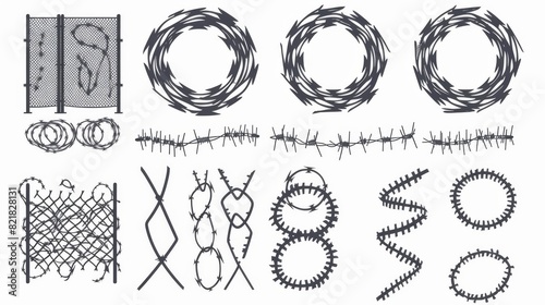Modern illustration of steel barb fence frames with twisted barbed wire silhouettes in round and square shapes. Concept of protection, danger, security.