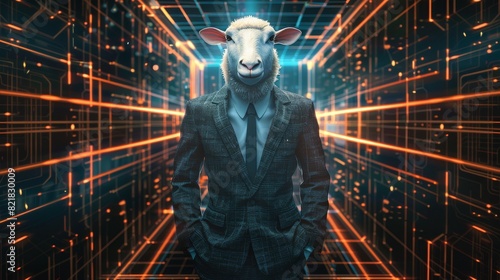 In a strong attitude, a white sheep wears an elegant modern suit and a nice tie. Fashion portrait of an anthropomorphic animal. Stock AI.