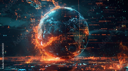 Global warming caused by excesses in finance and industry - Conceptual illustration for generative AI. Globe collapses, burns, destroys by fire.