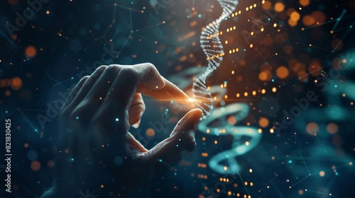 A glowing blue double helix representing DNA is being held by a person's hand