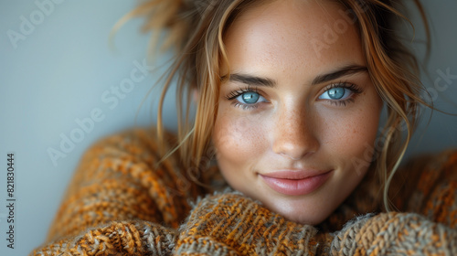 The Enigmatic Gaze of Sapphire Depths. A close-up of a woman with striking blue eyes, captivating the viewer with their depth and intensity.