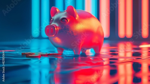 An isolated pink pig piggy bank with gold coins, accompanied by a sad and worried face, isolated on a blue background. Investment failures, bankruptcy concepts and artificial intelligence techniques.