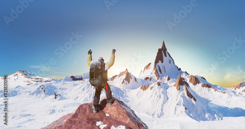 Crowning Glory: Celebrating a Climber's Success at the Mountain Summit. Concept 3D CG Render.