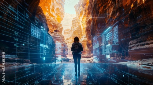 An image of a young woman, alone in nature, standing before a canyon, ready to cross the desert: her journey through life's trials and difficulties to freedom and adventure