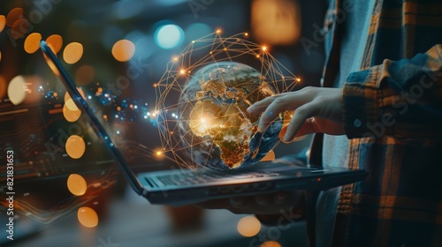 Highlighting the essence of technical support customer service, a software engineer utilizes a laptop, connecting with a global network. This integration of internet technology ensures robust 
