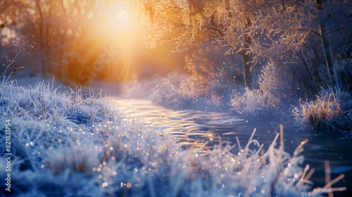 Outdoors landscape with frost grass beside a river, ice and snow covered forest ground in the early morning sun - Winter season background.