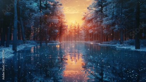 An outdoor landscape at sunrise, surrounded by frost trees in a forest covered with snow and ice - Winter seasonal background
