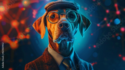 British Yorkshire dog, dressed in a suit with a tie, wearing glasses and a hat. Fashion portrait of an anthropomorphic animal with a lively attitude.