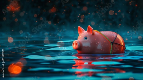 This pink piggy bank floats in a buoy on the sea, trying not to sink - The concept of investment failure, debt issue, bankruptcy, rescue in financial crisis, and budget crisis