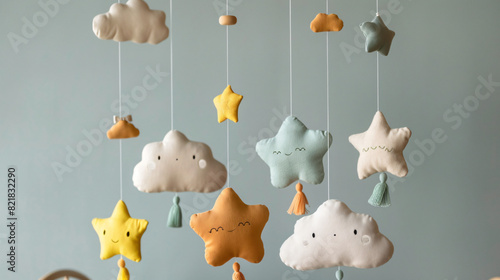 Cute baby crib mobile on grey background