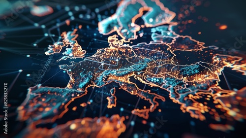 An abstract view of Europe, demonstrating the global network and connectivity of the EU, high speed data transfer and cyber technology, and the exchange of information and telecommunications among EU