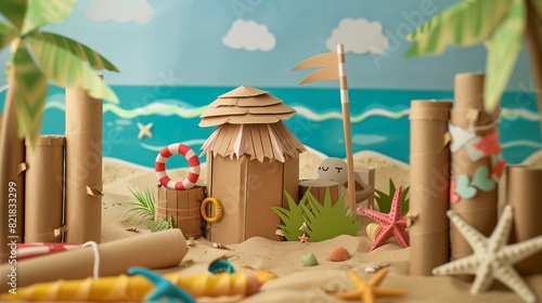 Installation made of cardboard island with aborigines with houses and palm trees on a summer theme. Island inhabitants, settlements