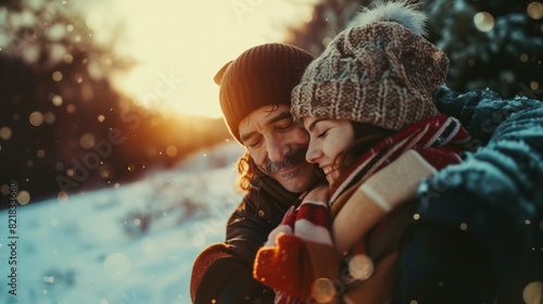 Capturing the essence of love and lifestyle on a holiday trip, this soft focus photo features a parent with a mustache enjoying moments together.