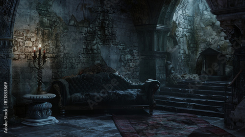 A gothic chamber with a black velvet fainting couch, a wrought-iron torchiere, and a stone pedestal holding a grimoire. 