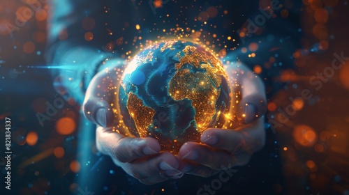 The hands of a businessman hold a hologram of the earth globe. A global business concept, an international financial network connection, a world trade network.