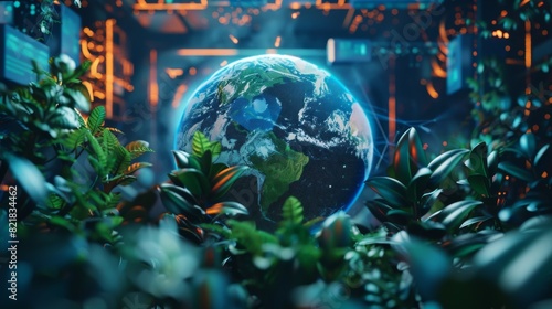 An illustration for ecological conservation, SavethePlanet, earth day concept, surrounded by green and blue globes containing plants.