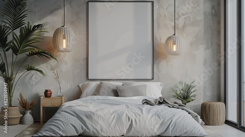 3D rendering of a modern bedroom interior with a bed, tall bedside tables, lamps, and a plant on the wall, using light colours and light tones.