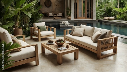 Ultra realistic photo of bali inspired cream stone, light wood furniture and tropical foliage