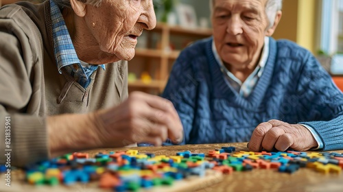 Nurse or caregiver helping a senior man with puzzle games. The elderly man has dementia and is sitting at a desk solving wooden alphabet puzzles. It is a concept of dementia and Alzheimer's disease.