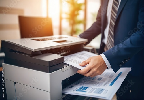 "Businessmen using multifunction laser printer in office: print, scan, copy, fax documents and papers."