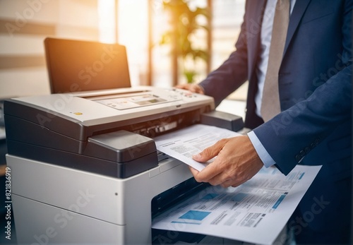 "Businessmen using multifunction laser printer in office: print, scan, copy, fax documents and papers."