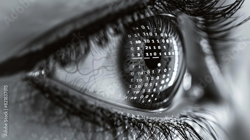 A closeup of a human eye with binary code reflections, top view, illustrating focus and precision, scifi tone, black and white