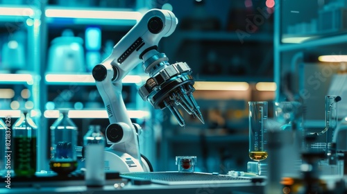 Scene shows a futuristic artificial intelligence robot arm manipulating a metal object, picking it up and placing it down in a modern chemistry lab.