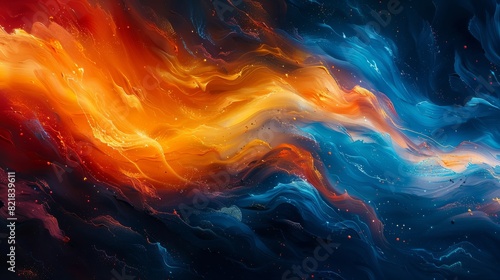 Abstract colorful background. Fiery streaks of bright orange and rich indigo intertwine, producing a vibrant and striking backdrop reminiscent of a celestial explosion in the night sky.