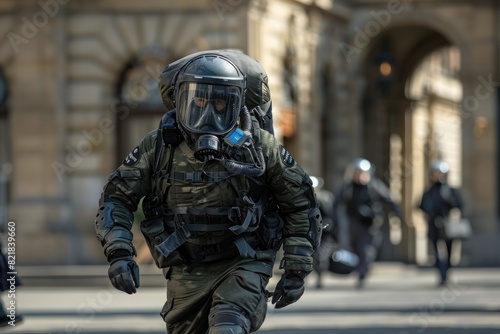 A man in a gas mask and military gear runs down a street
