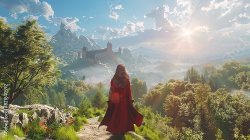 An open world sandbox fantasy video game mockup with footage of the female main character on an adventure, exploring the environment. A 3D render of a magical realm is shown.