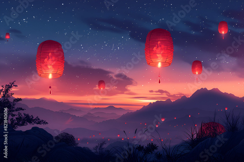 Illustration of flying sky lantern, Image Of A Family Setting Off Sky Background Image 