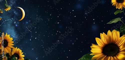 Minimalist Eid ul Adha banner with yellow sunflowers, crescent moon, and starry night sky, left side copy space, elegant festive design, Eid Mubarak card, greeting stock photo