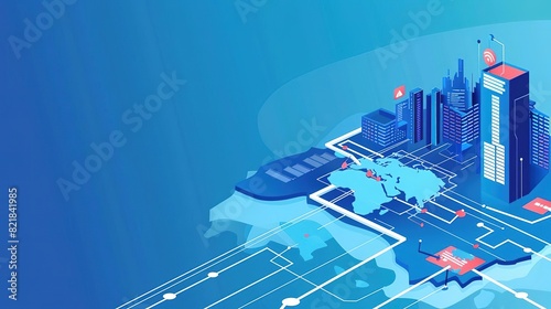 A digital illustration of a smart city with a blue background
