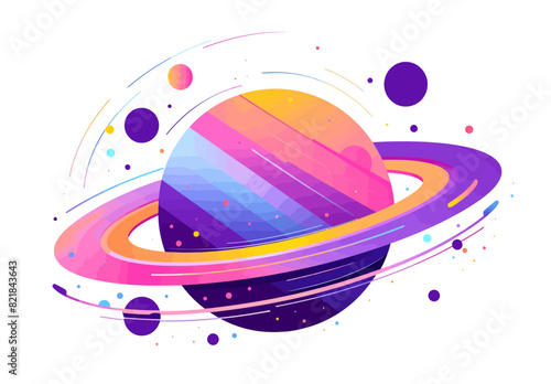 An illustration of a colorful planet with rings and cosmic elements. Flat vector illustration isolated.