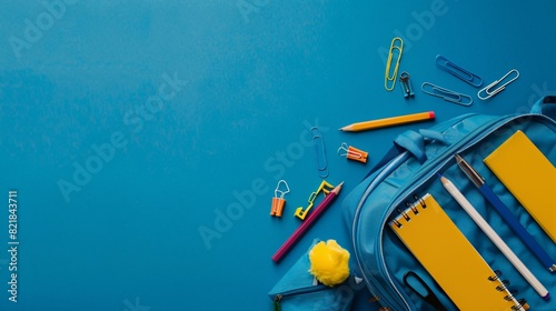 A yellow backpack with school supplies including pencils, a notebook, and paper clips on a blue background