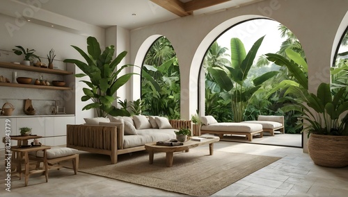 Ultra realistic photo of Modern take on upscale bali inspired small condo white cream stone, light wood round arches interor view of living room with tropical foliage