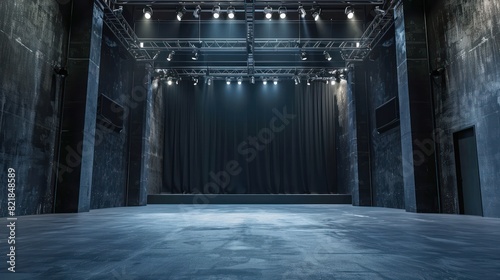 Empty theater with sleek blue walls, awaiting the creative touch of designer. Studio in under renovation or decoration