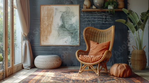Bohemian-style Kobe chair in woven rattan against a chalkboard accent wall with eclectic artwork and floor cushions.