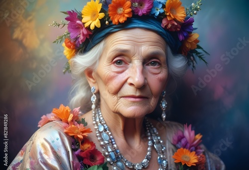 Hippie tęczowa i wielobrawna starsza piękna kobieta cała we kwiatach ubrana w elegancką kolorową biżuterię z kamieni naturalnych i koralików