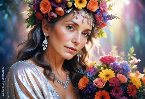 Hippie tęczowa i wielobrawna starsza piękna kobieta cała we kwiatach ubrana w elegancką kolorową biżuterię z kamieni naturalnych i koralików