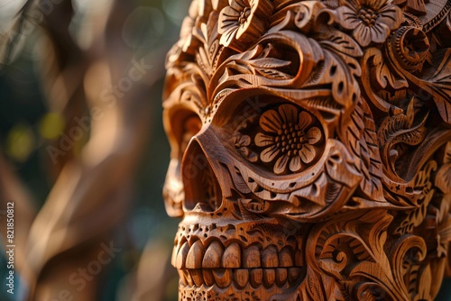 a carved wood skull with flowers and leaves