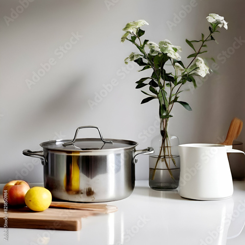 minimalist kitchen worktop with flowerpot and metal pan, vase flower apple, gray baground,