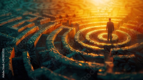 Man walks through a labyrinth, and difficult paths and obstacles serve as metaphors for difficulties
