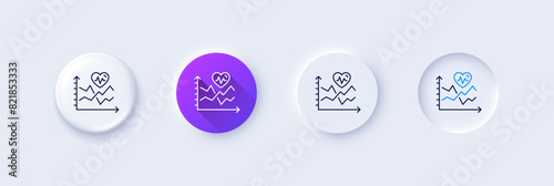 Cardio training chart line icon. Neumorphic, Purple gradient, 3d pin buttons. Fat burning statistics sign. Gym fit heartbeat symbol. Line icons. Neumorphic buttons with outline signs. Vector
