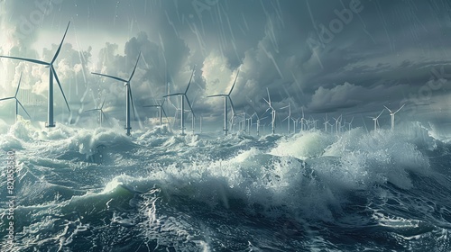 Wind farm consisting of large wind turbines installed in the ocean waves crashing against the turbine foundations and wind turbines generating renewable energy from the strong offshore winds.