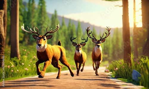 3d animation style cartoon deer running ahead behind it lion running
