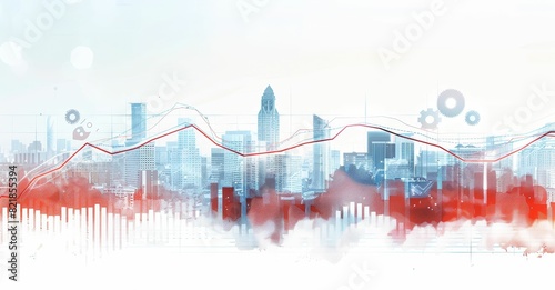 a city skyline with a red line going up