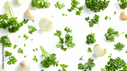 Fresh parsley and onion flying on white background