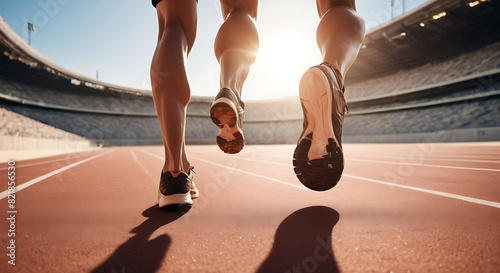 An Athlete running on a racetrack at stadium in harsh sunlight. Close up of athlete legs with copy space. 